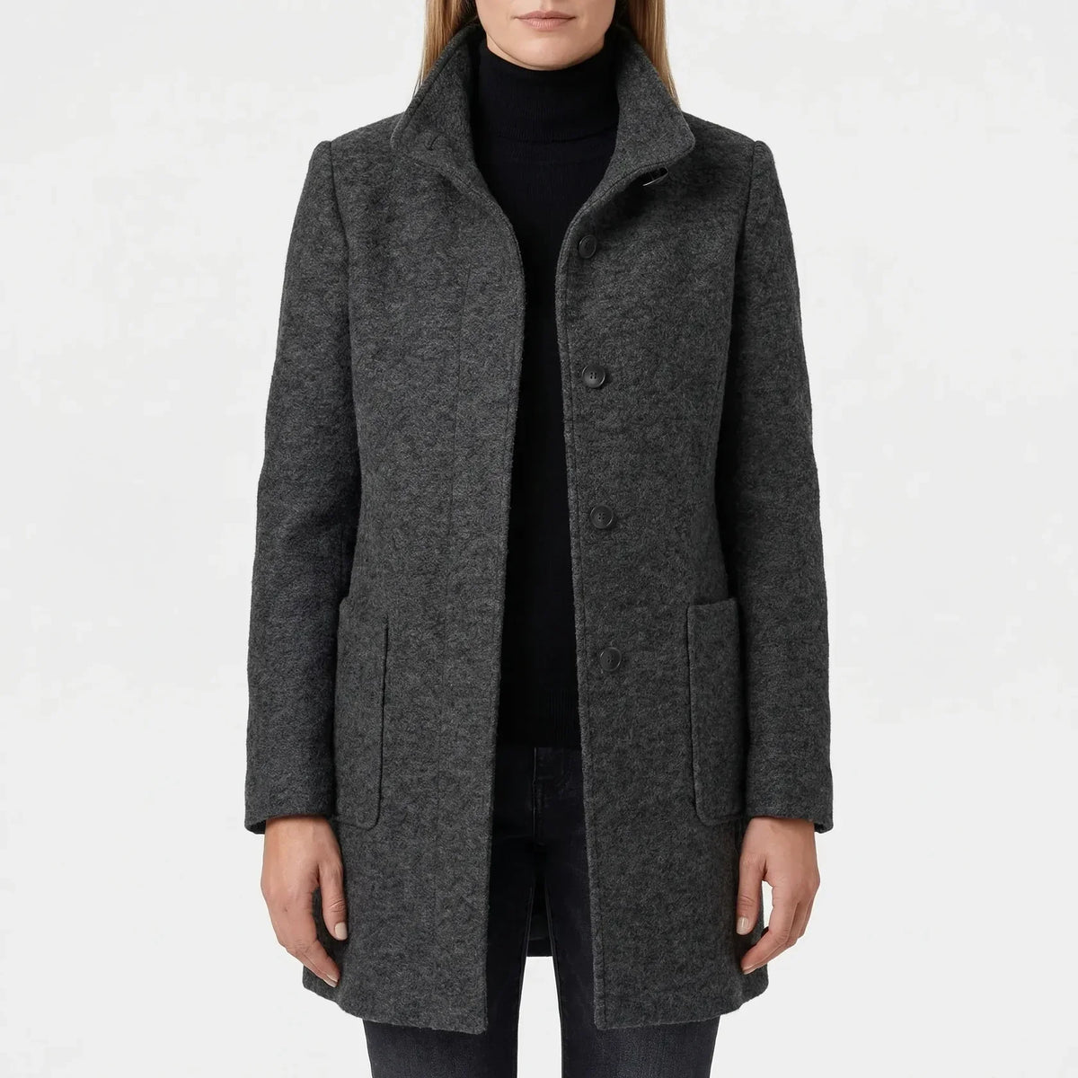 Manteau Mi-Long Femme - Col Montant avec Boutonnage Simple