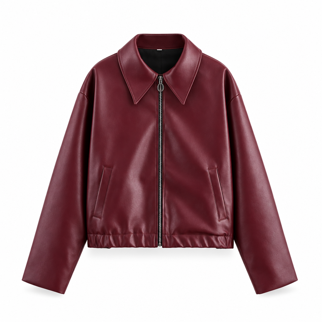 Veste Courte Femme en Cuir Synthétique avec Fermeture Éclair et Col