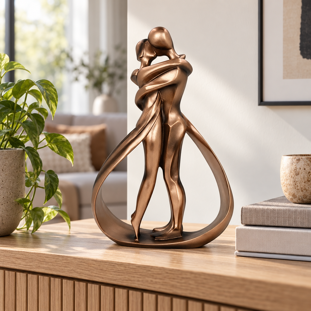 Sculpture Couple Enlacé - Statue Décorative en Résine Ton Bronze