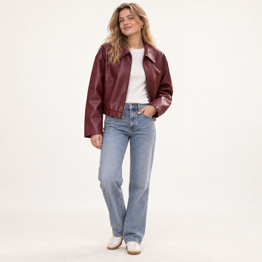 Veste Courte Femme en Cuir Synthétique avec Fermeture Éclair et Col