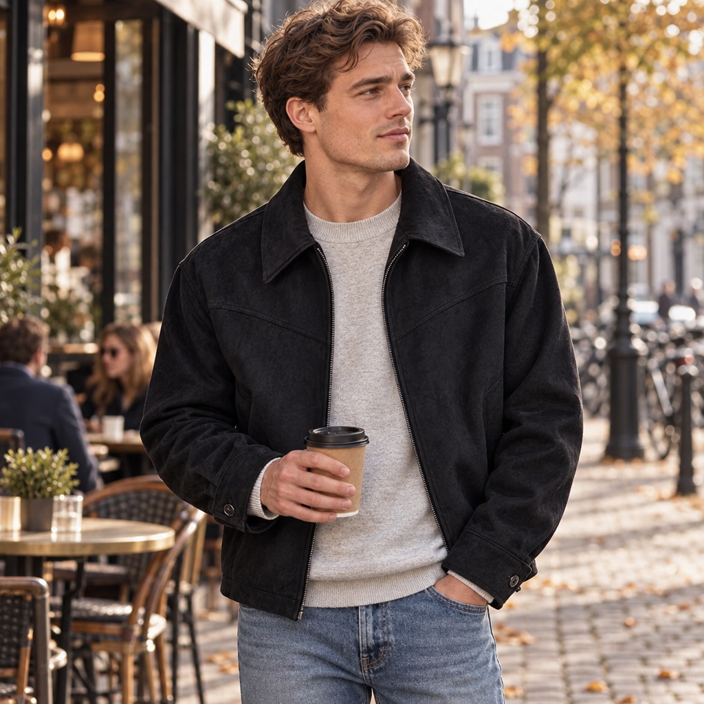 Veste Courte Homme Effet Suède avec Col Rabattu