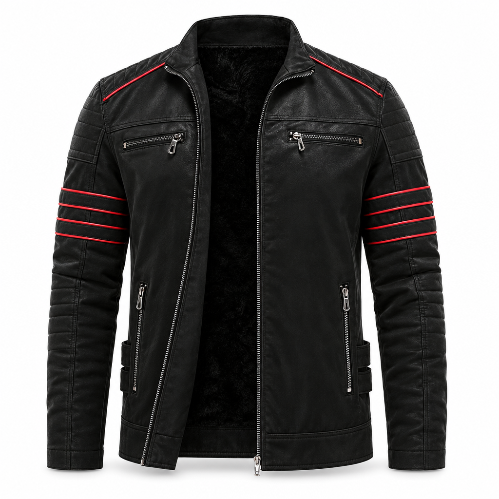 Veste Biker Homme en Cuir Synthétique avec Bandes Contrastées