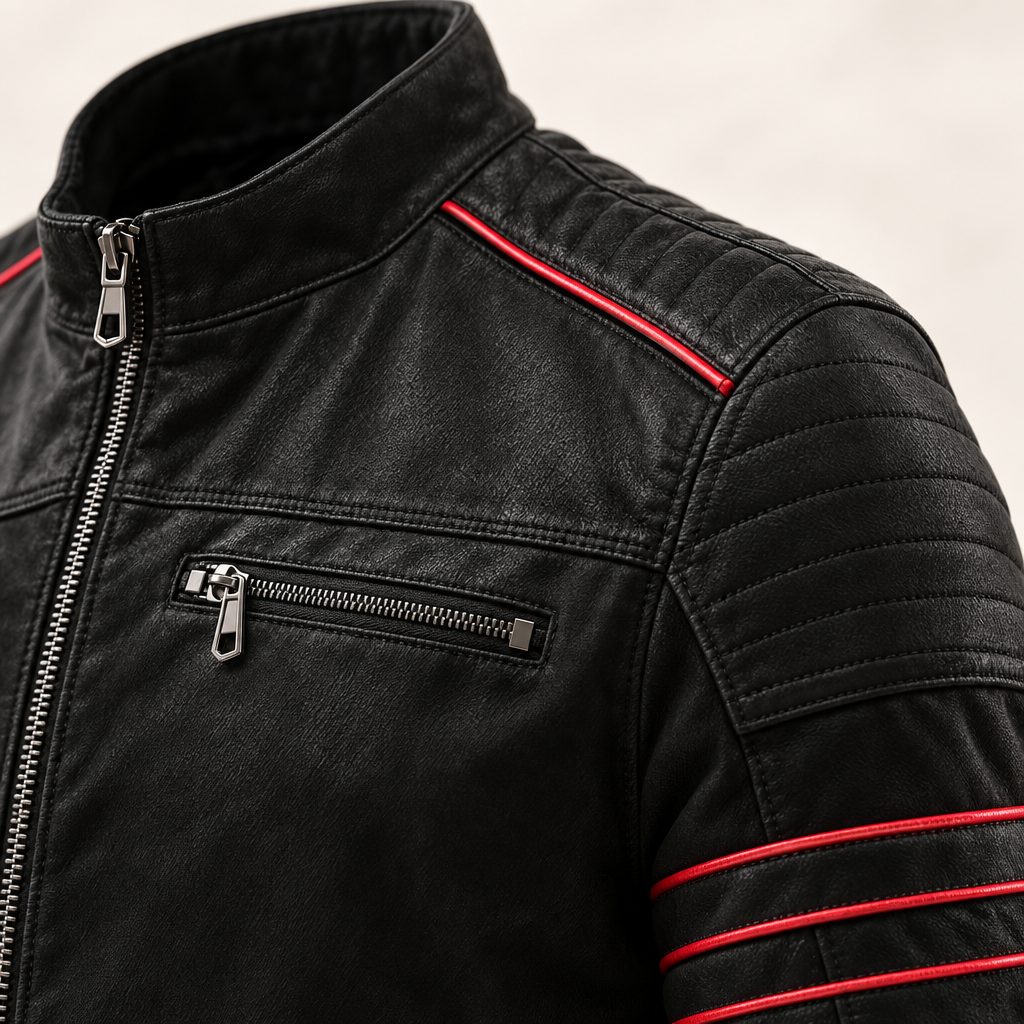 Veste Biker Homme en Cuir Synthétique avec Bandes Contrastées