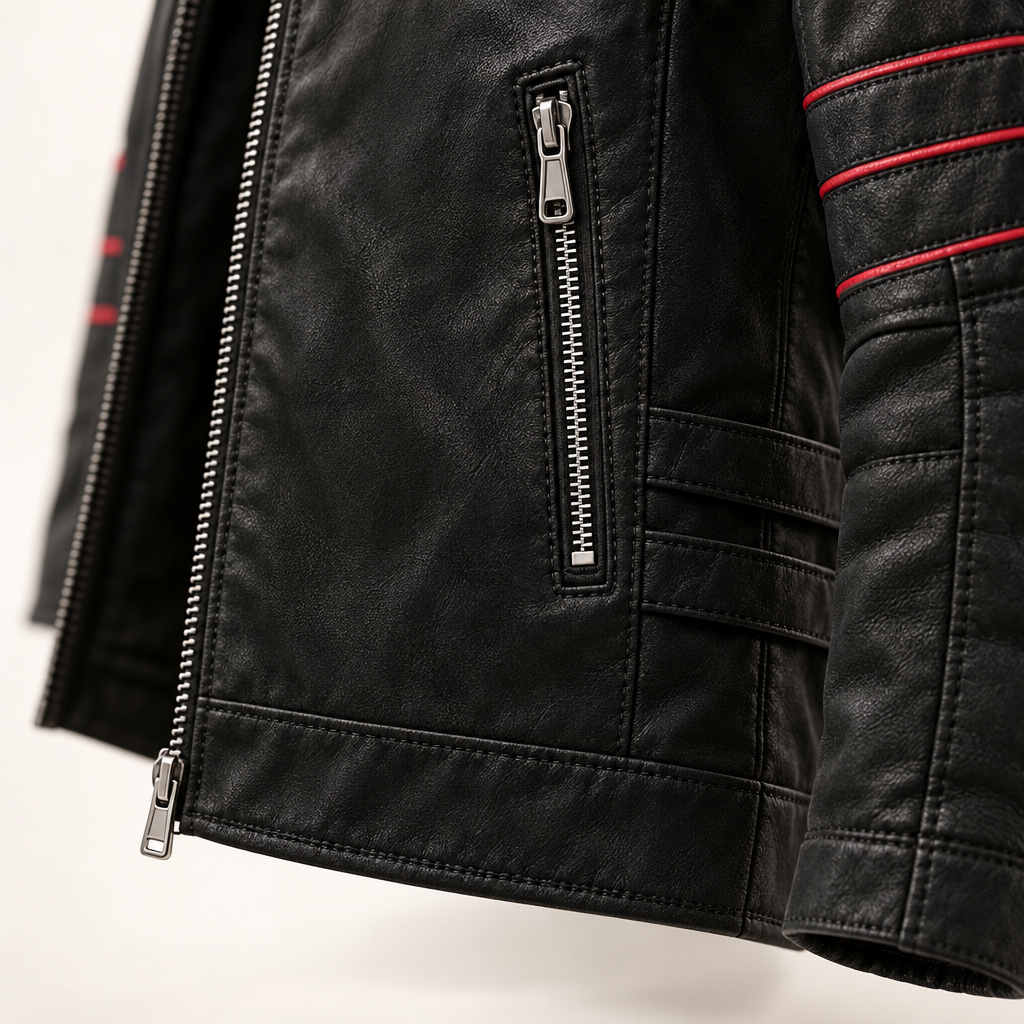 Veste Biker Homme en Cuir Synthétique avec Bandes Contrastées