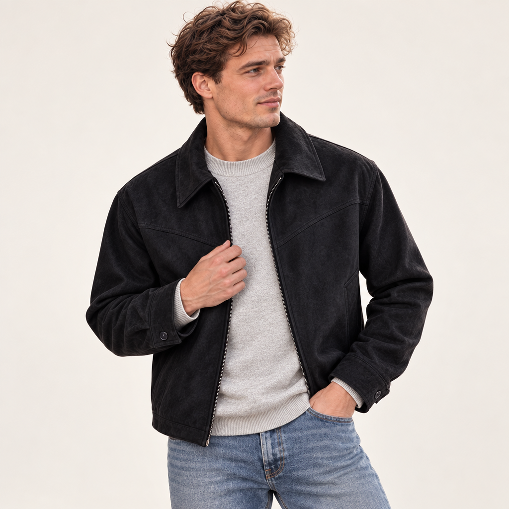 Veste Courte Homme Effet Suède avec Col Rabattu