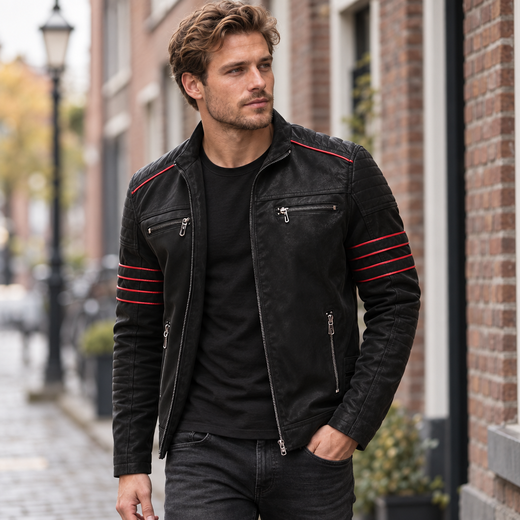 Veste Biker Homme en Cuir Synthétique avec Bandes Contrastées