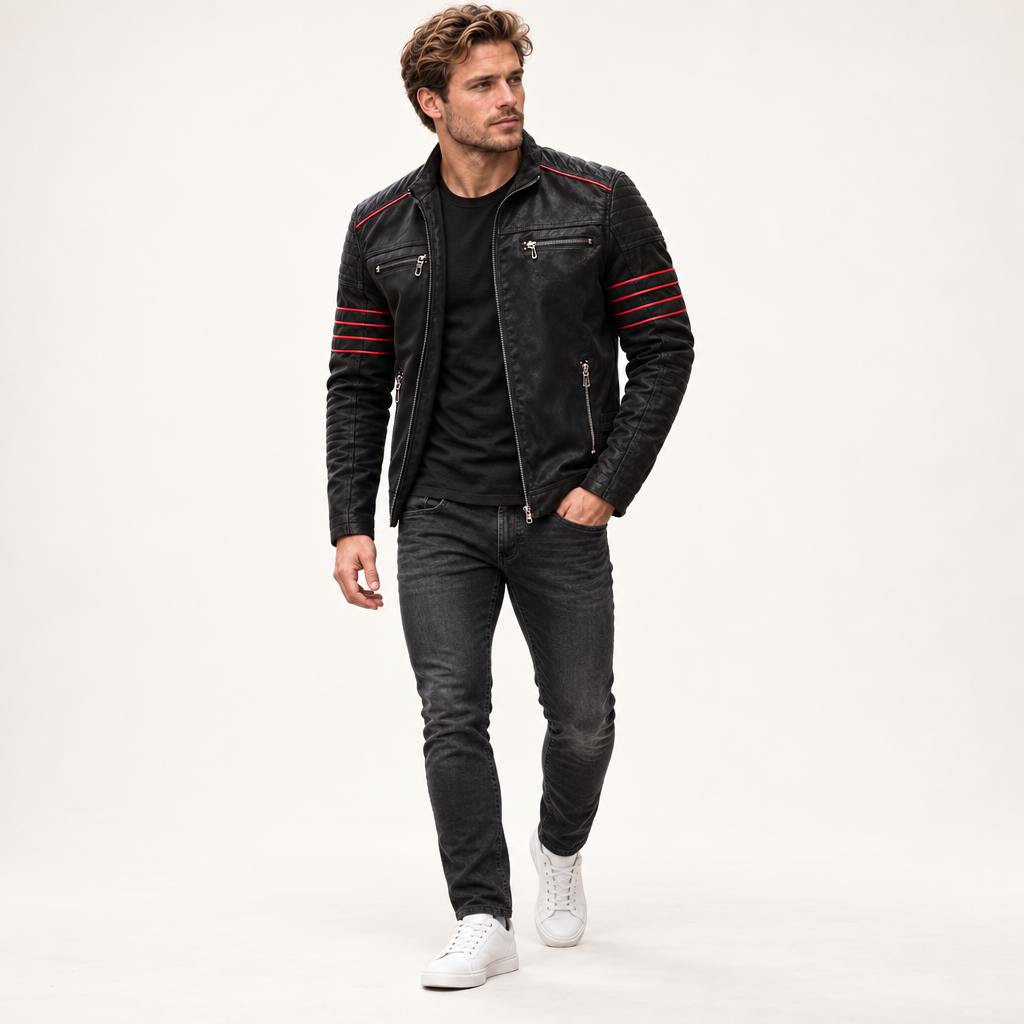 Veste Biker Homme en Cuir Synthétique avec Bandes Contrastées