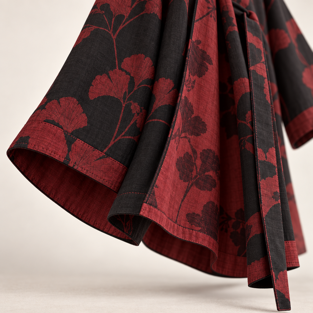 Kimono Peignoir en Coton avec Motif Feuille Réversible