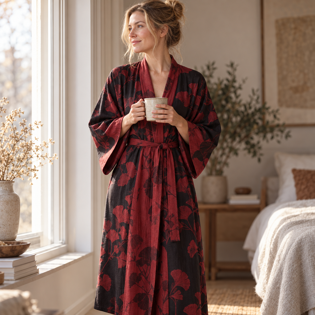 Kimono Peignoir en Coton avec Motif Feuille Réversible