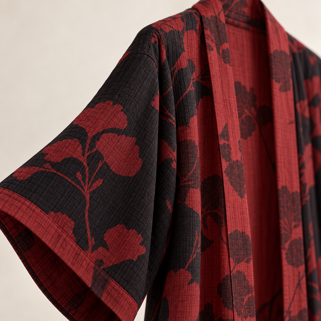 Kimono Peignoir en Coton avec Motif Feuille Réversible