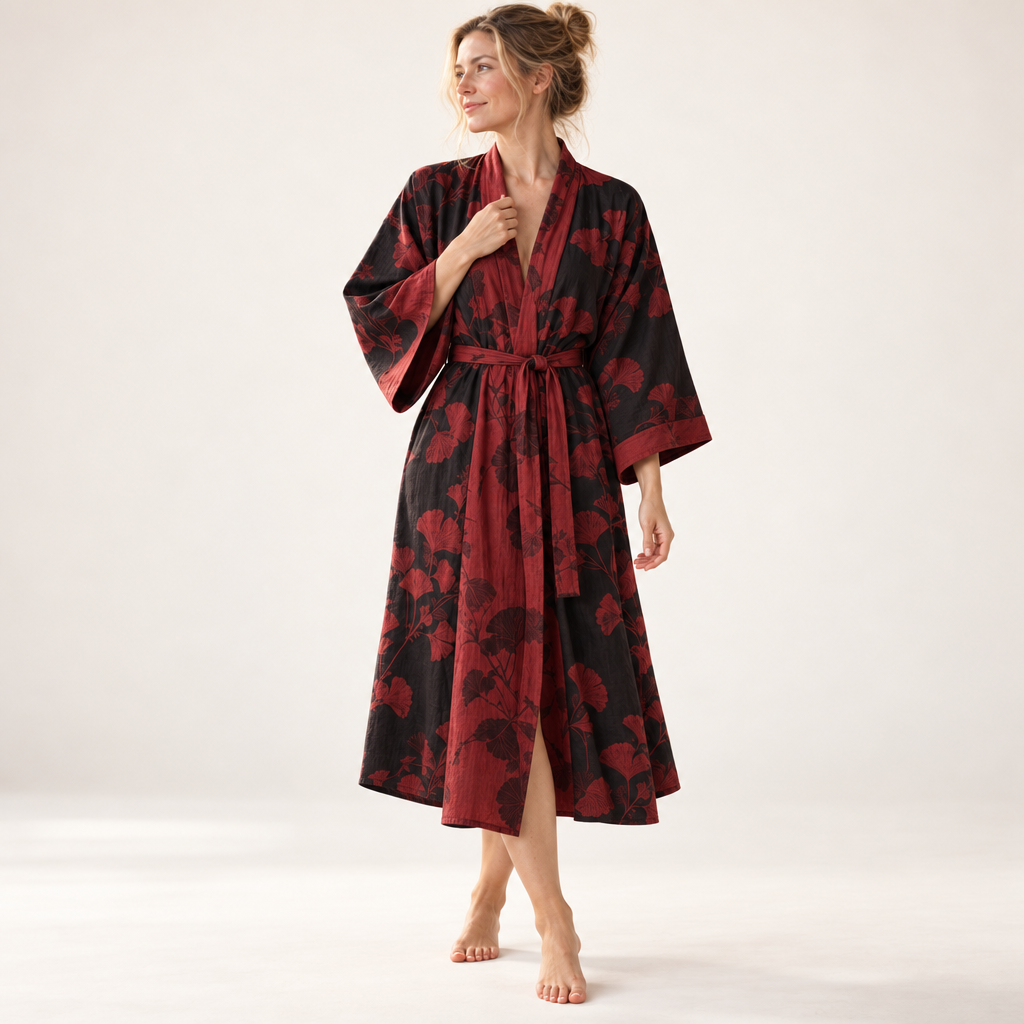 Kimono Peignoir en Coton avec Motif Feuille Réversible