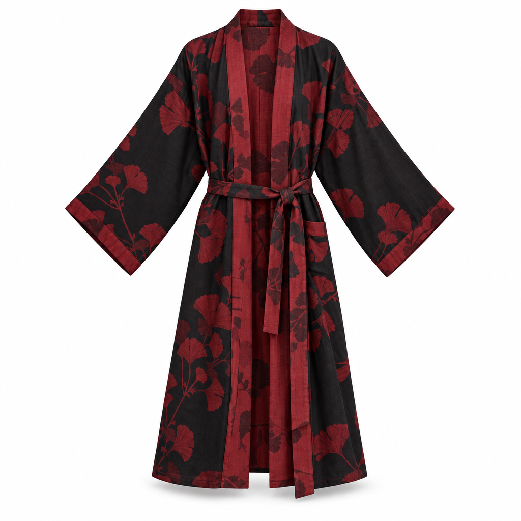 Kimono Peignoir en Coton avec Motif Feuille Réversible