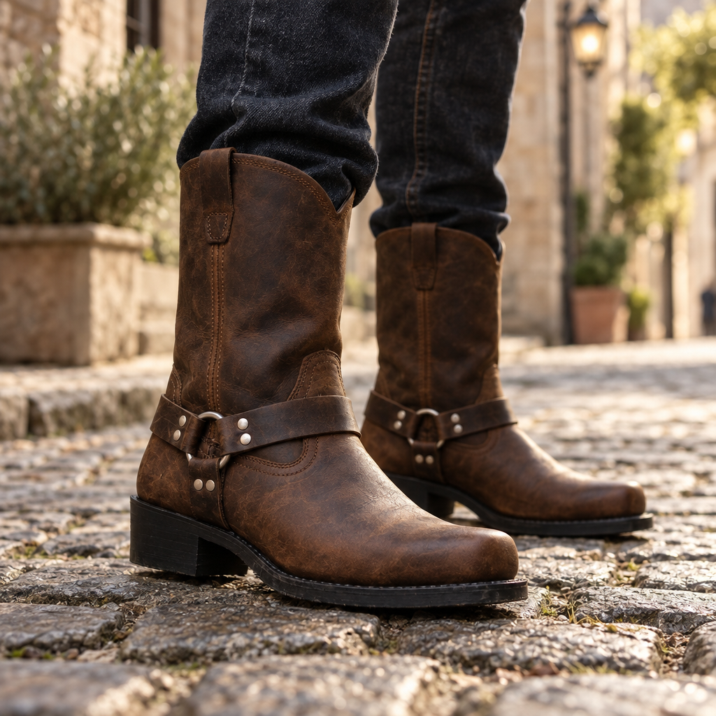 Bottes Western pour Homme avec Sangle et Détails Métalliques