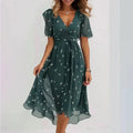 Robe Portefeuille Fleurie Midi en Chiffon pour Femme - Imprimé