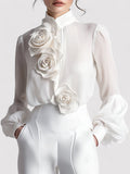 Elegante transparente Bluse mit 3D-Blumenapplikationen für Damen