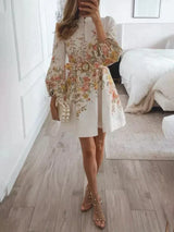 Rochie evazată cu imprimeu floral și mâneci bufante pentru femei