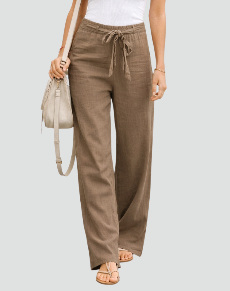 Pantalon femme en lin, coupe large, taille à cordon, été