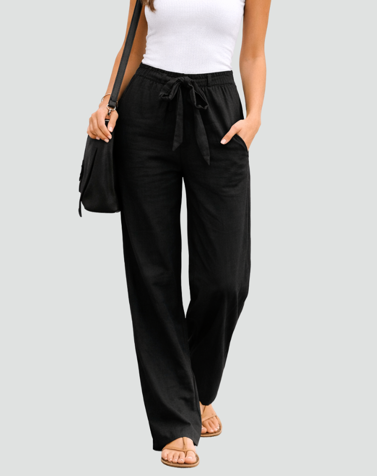 Pantalon femme en lin, coupe large, taille à cordon, été