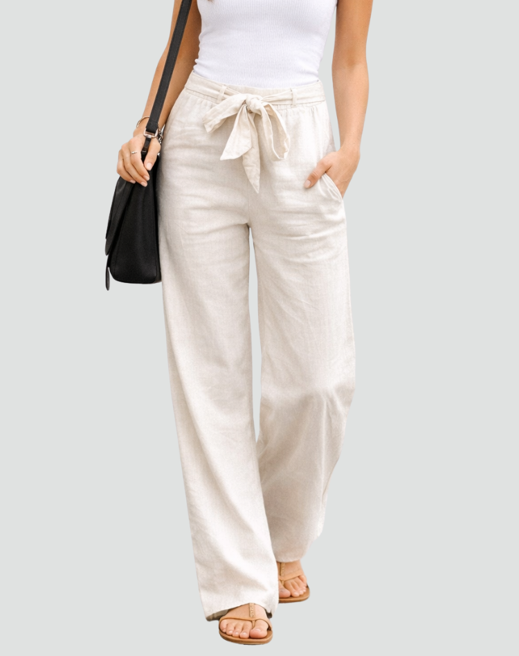 Pantalon femme en lin, coupe large, taille à cordon, été
