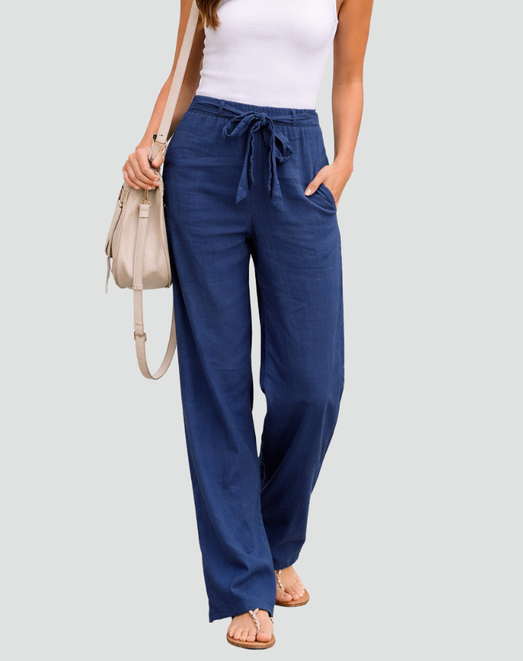 Pantalon femme en lin, coupe large, taille à cordon, été