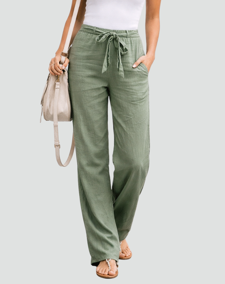 Pantalon femme en lin, coupe large, taille à cordon, été
