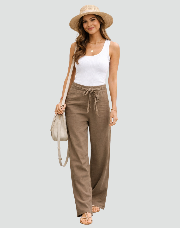 Pantalon femme en lin, coupe large, taille à cordon, été