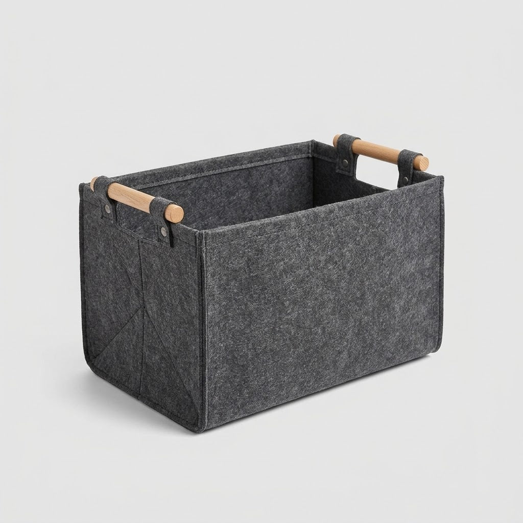 Panier de Rangement Pliable en Feutre pour Bois de Chauffage avec Poignees en Bois