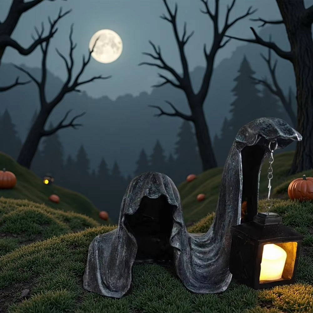 Figure de Fantôme avec Lanterne - Décoration Halloween Lumineuse Grise