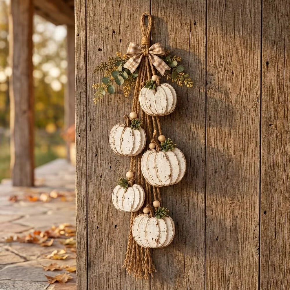 Suspension de Porte Citrouille en Bois - Lot de 5 avec Nœud Écossais