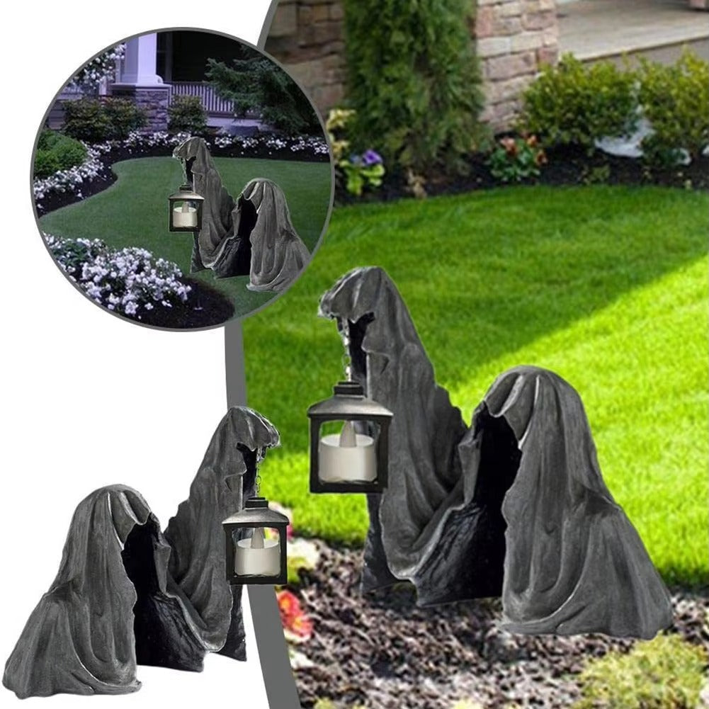 Figure de Fantôme avec Lanterne - Décoration Halloween Lumineuse Grise