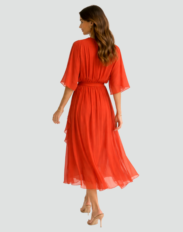 Robe midi femme pour occasion spéciale, cache-cœur et lien.