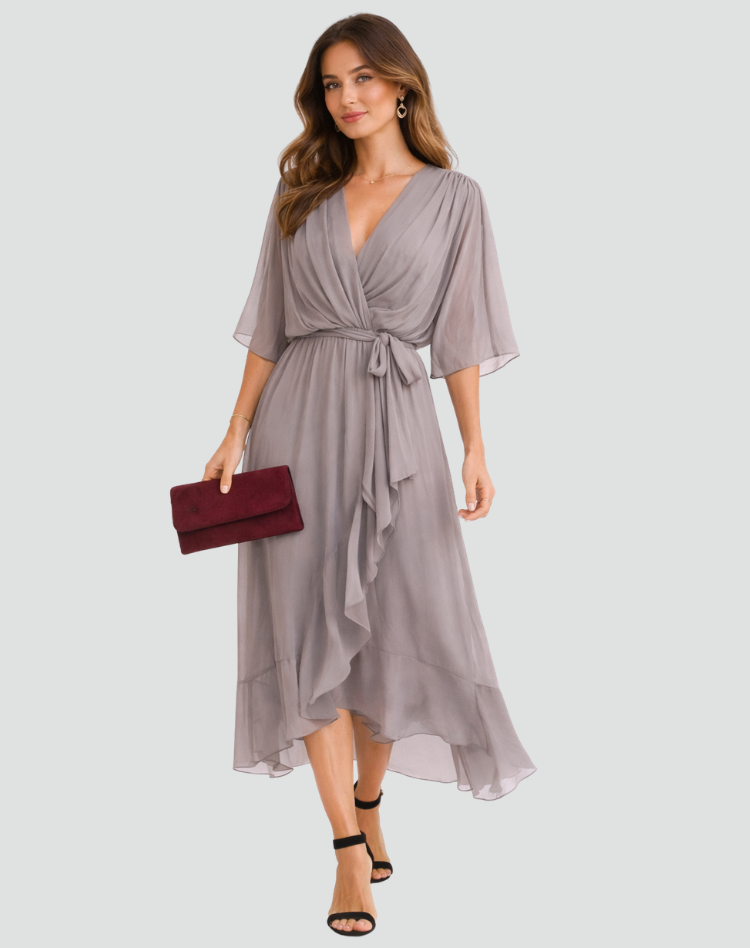 Robe midi femme pour occasion spéciale, cache-cœur et lien.