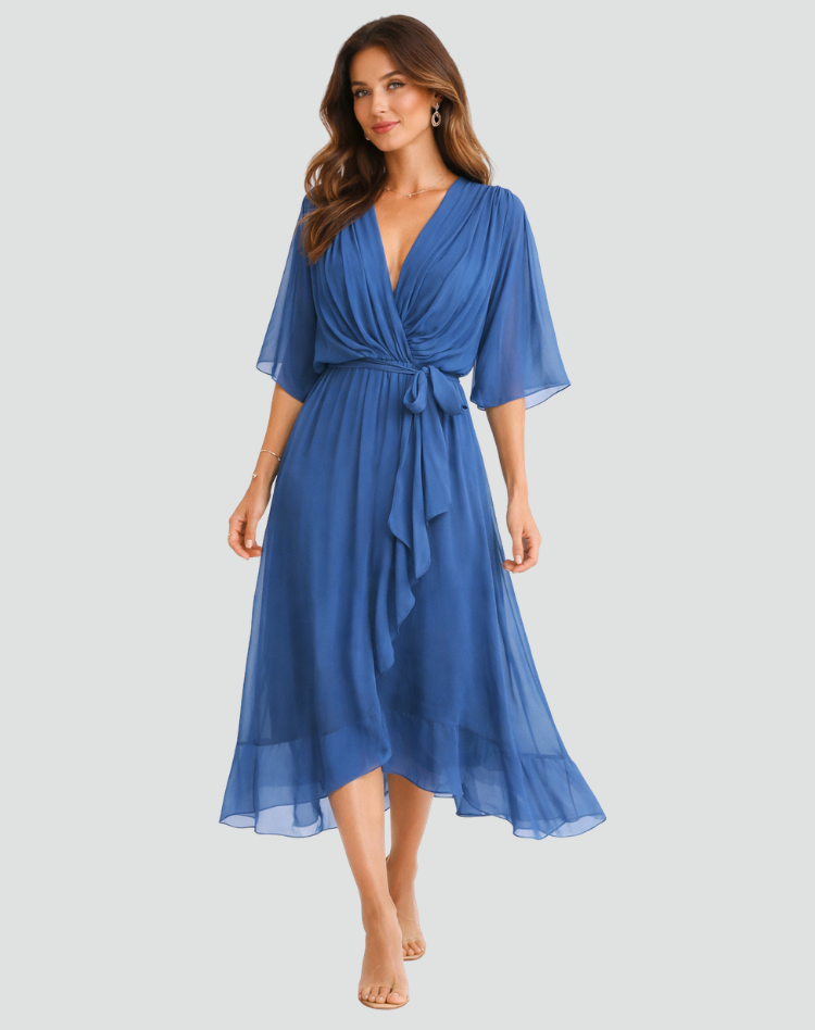 Robe midi femme pour occasion spéciale, cache-cœur et lien.