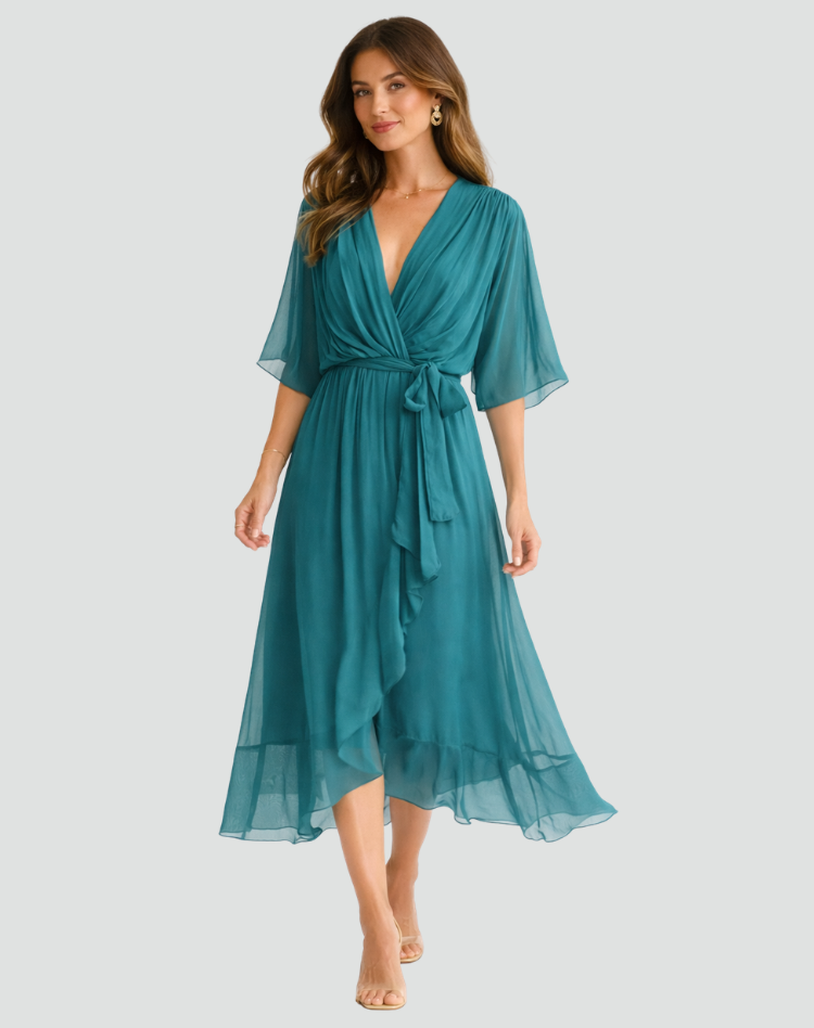 Robe midi femme pour occasion spéciale, cache-cœur et lien.