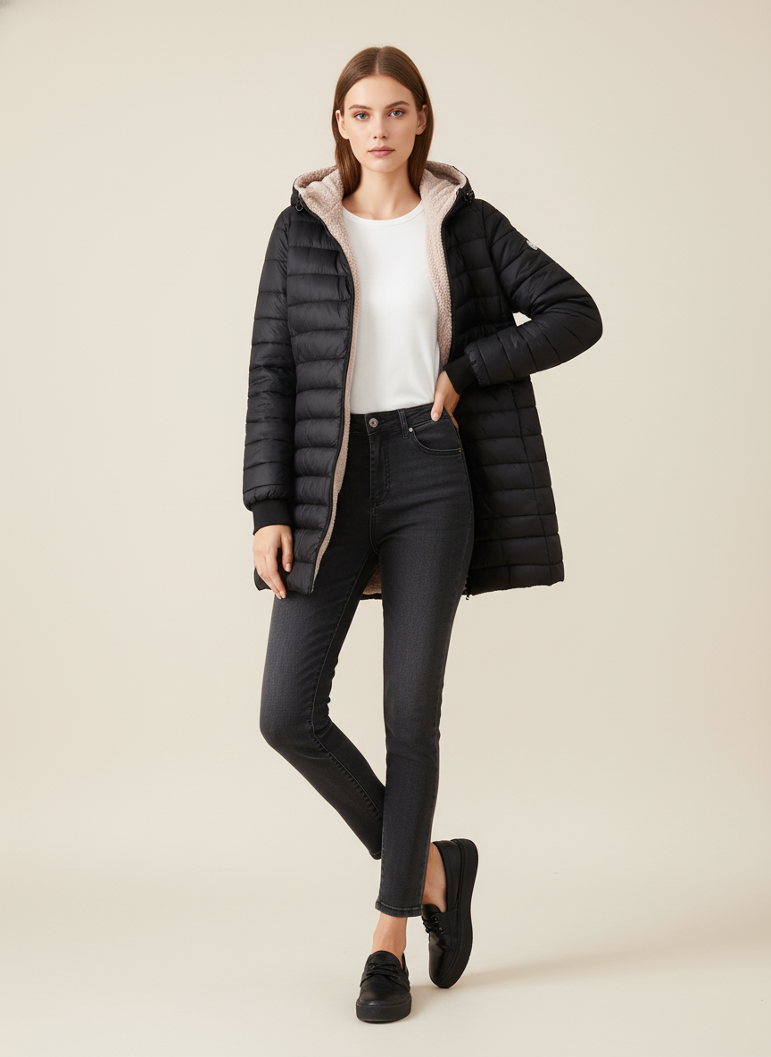 Veste Mi-Longue à Capuche Femme Doublée Polaire