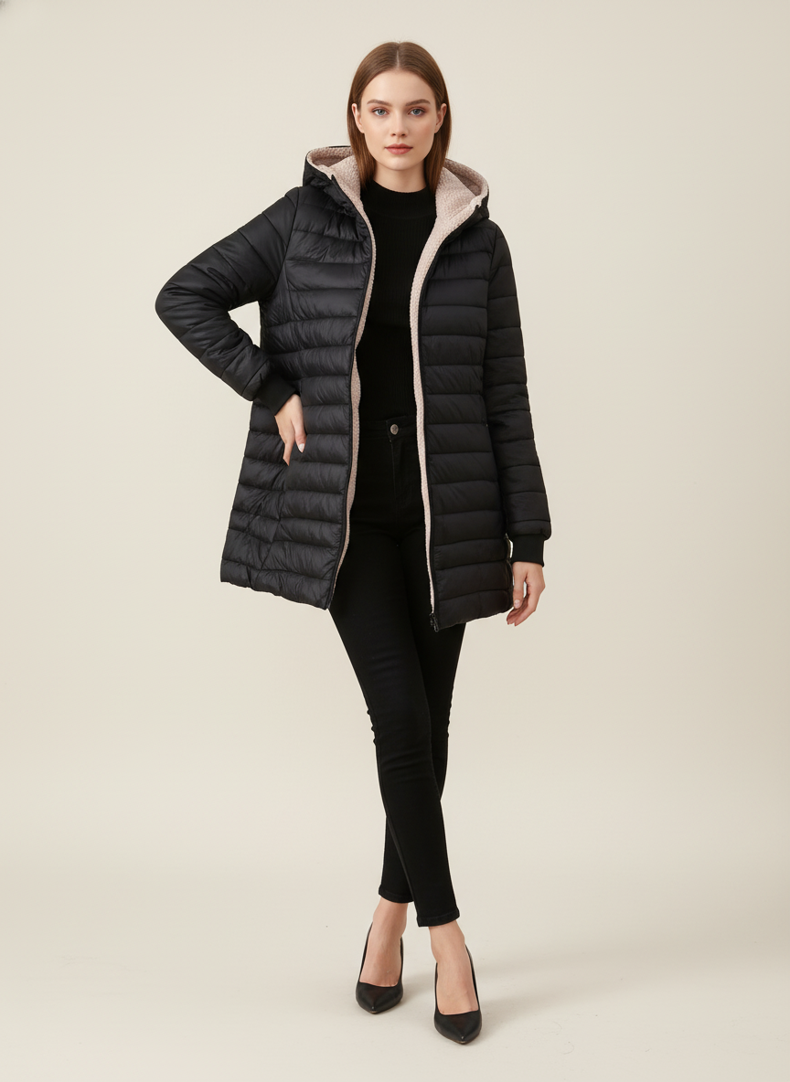 Veste Mi-Longue à Capuche Femme Doublée Polaire