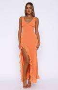 Langes Abendkleid mit Volants und hohem Schlitz Damen