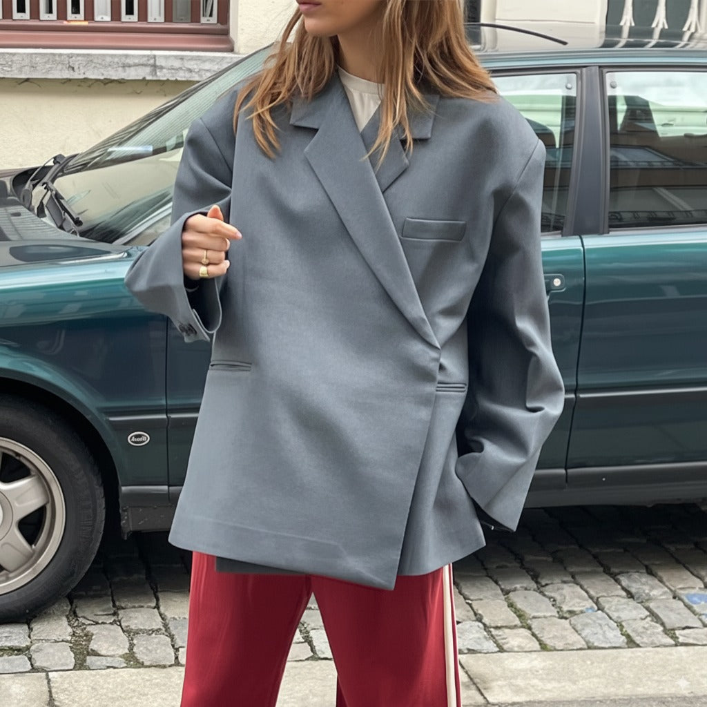 Blazer Oversize Femme - Cache-Coeur Diagonal avec Col Revers