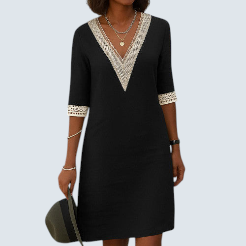 Robe élégante décontractée col V manches mi-longues