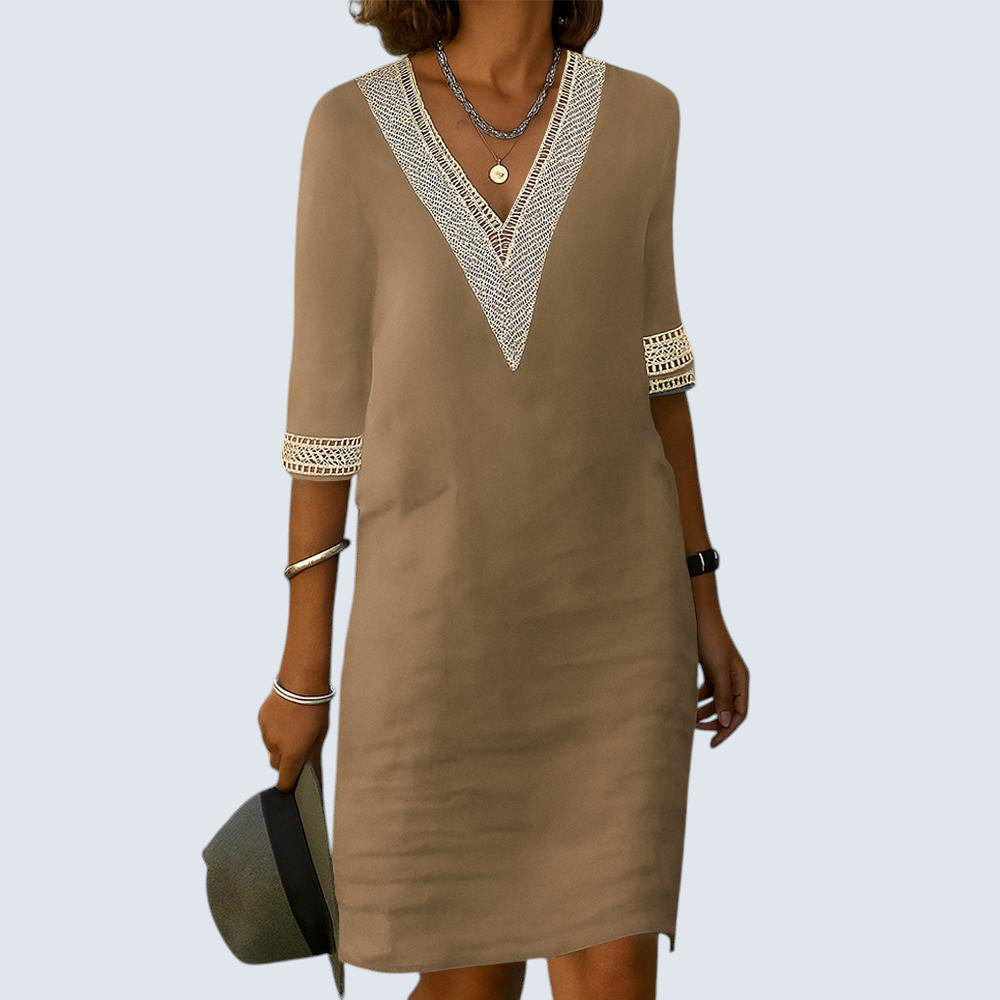 Robe élégante décontractée col V manches mi-longues