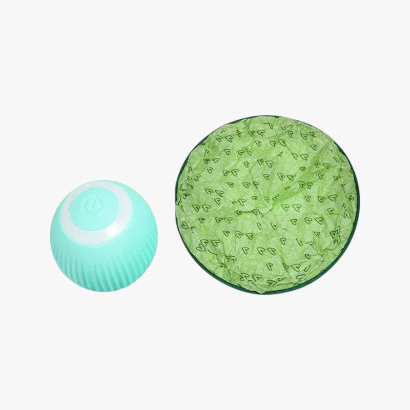 Roselva interactive cat toy ball with a smooth mint green shell and a textured green nylon cover for hunting play