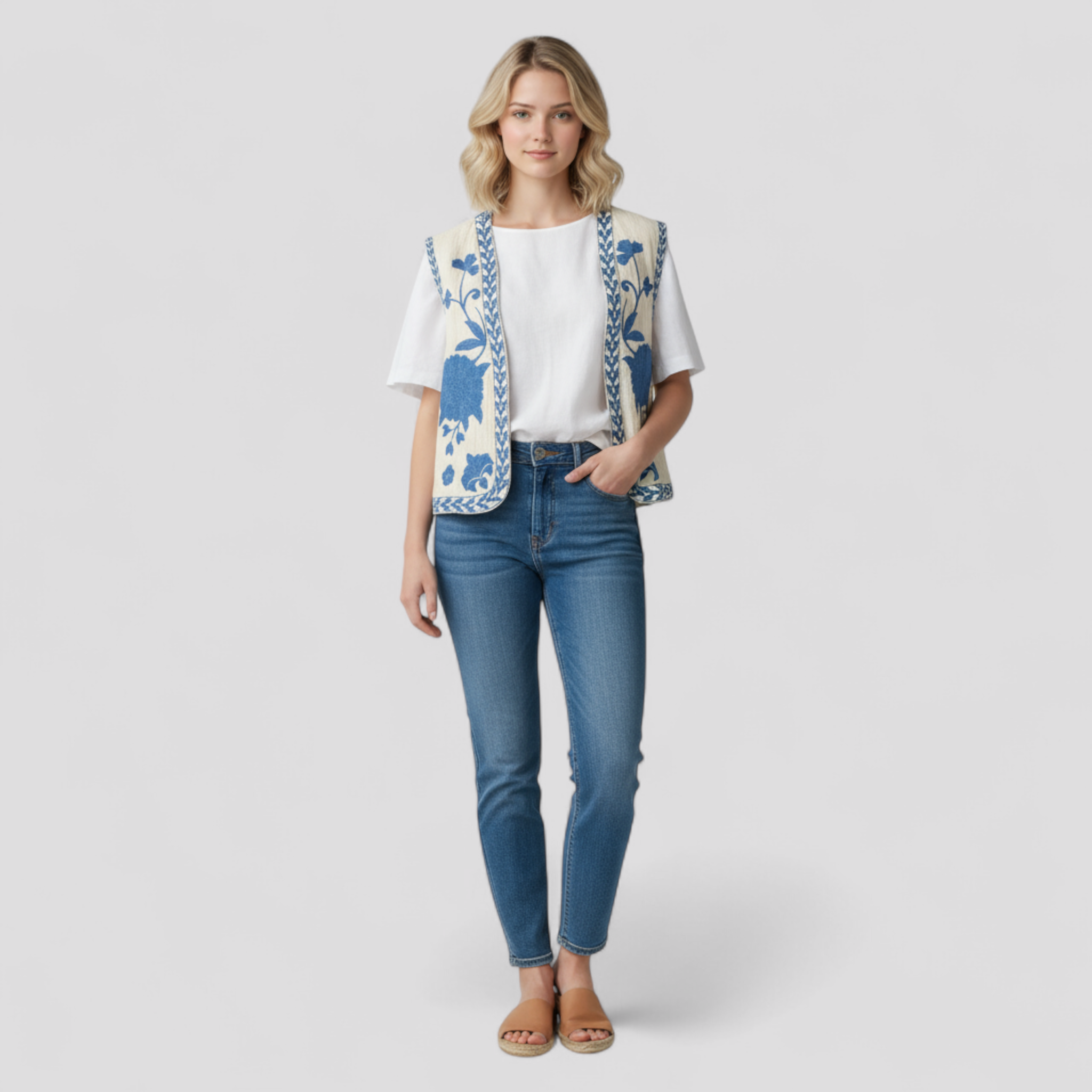 Gilet Bohème Brodé à Motifs Floraux Coton Femme