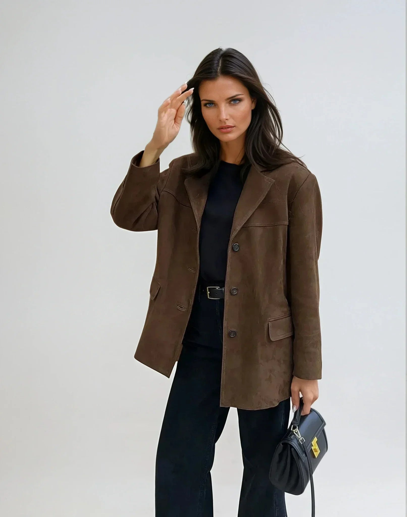 Damen-Blazerjacke aus braunem Wildlederimitat mit Taschen
