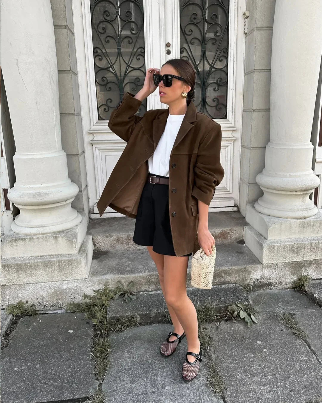 Damen-Blazerjacke aus braunem Wildlederimitat mit Taschen