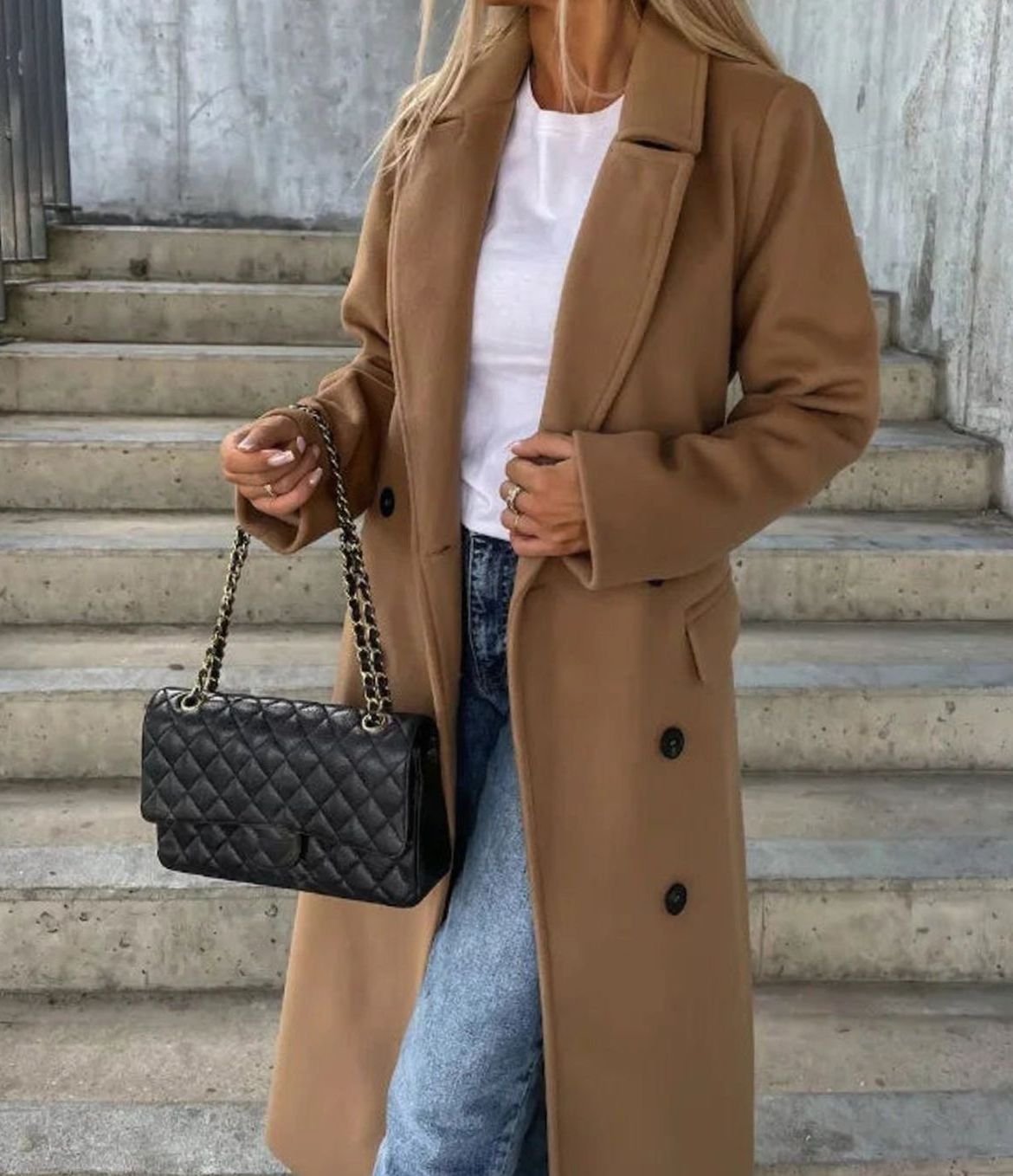 Manteau Long Croisé pour Femme avec Col à Revers