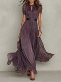Robe longue femme dentelle violette taille froncée élégante