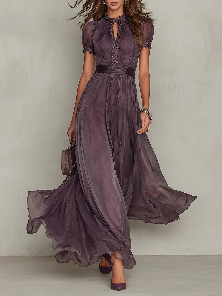 Robe longue femme dentelle violette taille froncée élégante