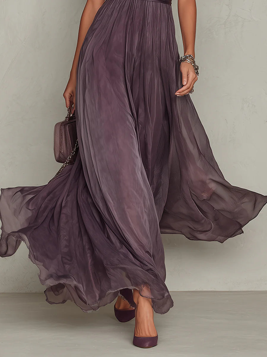 Robe longue femme dentelle violette taille froncée élégante